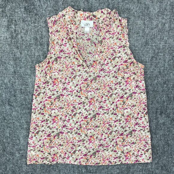 LOFT Shirt Womens Extra Small V-Neck Ruffles Floral Short Cotton Business Casual - Picture 1 of 9